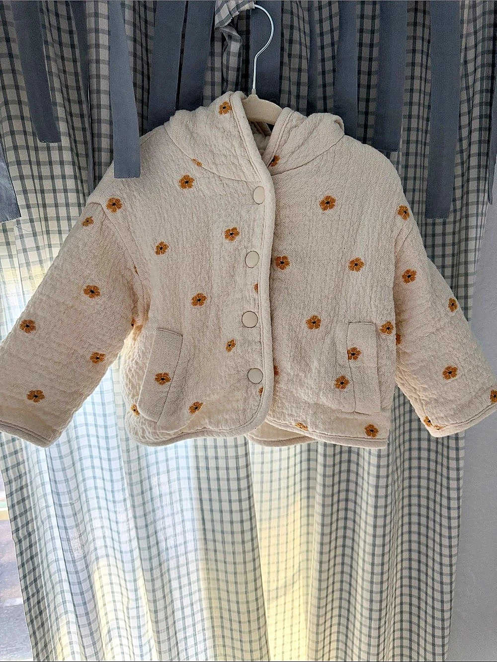 ZARA Textured Floral Quilted Baby Hooded Jacket Cream & Orange 9-12M (80)